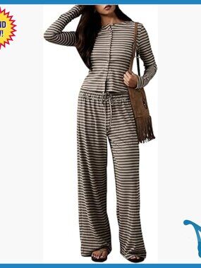 Women's Striped Knit Top and Wide Leg Pants Set Casual Fall Outfit